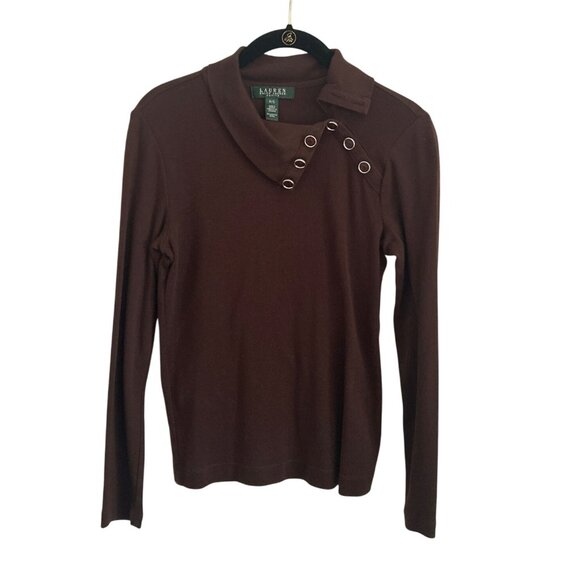 Lauren Ralph Lauren Brown Button-Accent Top P/S 100% Cotton Womens Long Sleeve - Picture 1 of 6